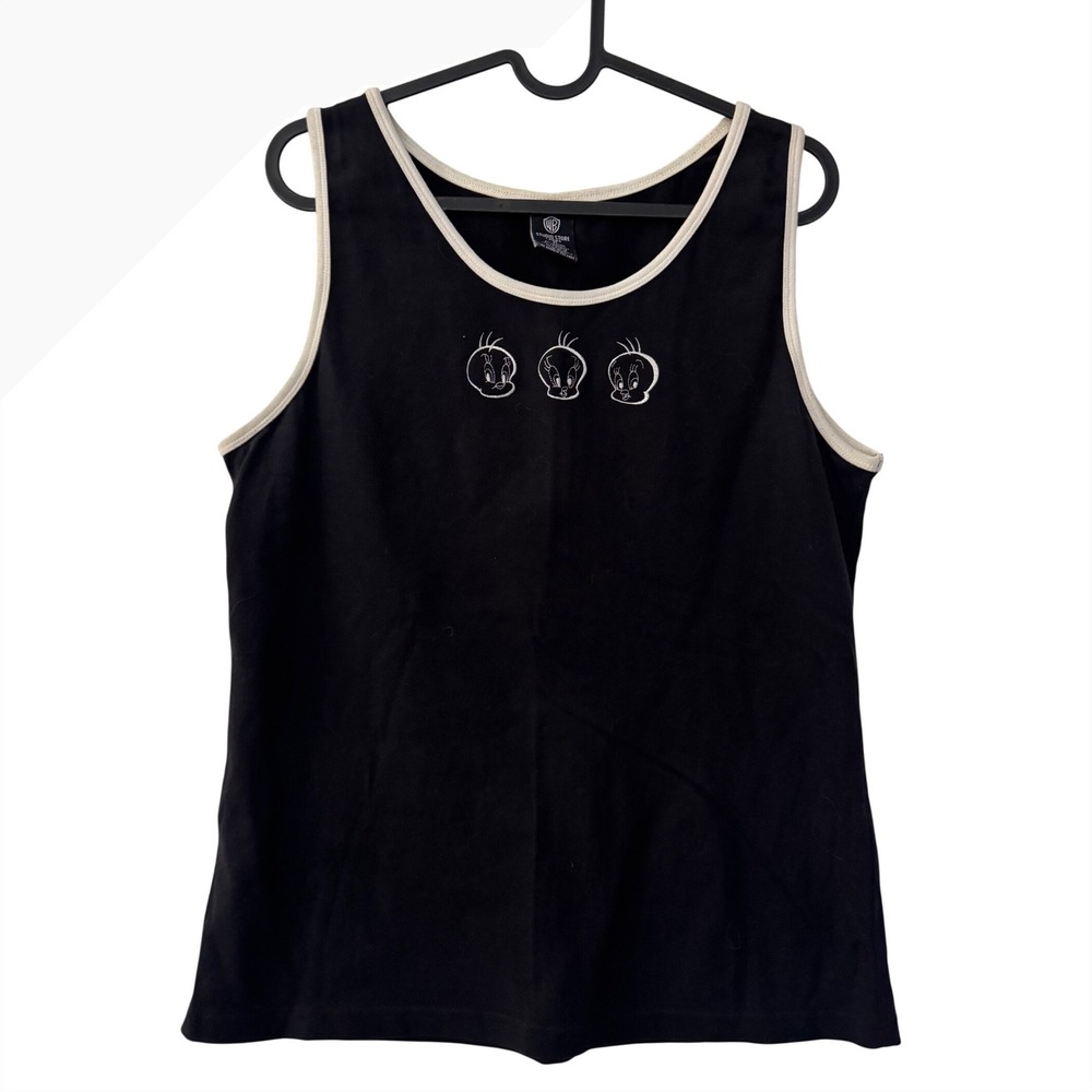 Warner Bros Studio Store Tweety Bird Embroidered Ringer Tank Top Black Medium